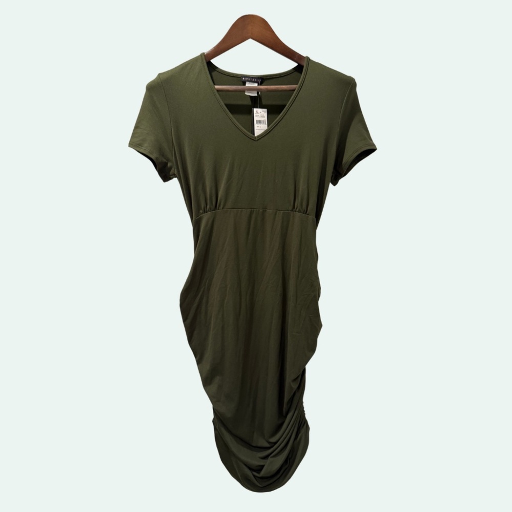 NWT Violet & Ruby Olive Green Maternity Dress Rouched & Stretchy Size L